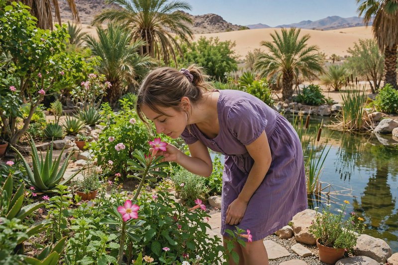 Woman in a lavender dress leaning to smell pink blooms in a sunlit desert oasis garden