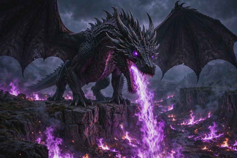 Massive spiked black dragon breathes purple flame while perched on a rocky cliff under stormy dar...