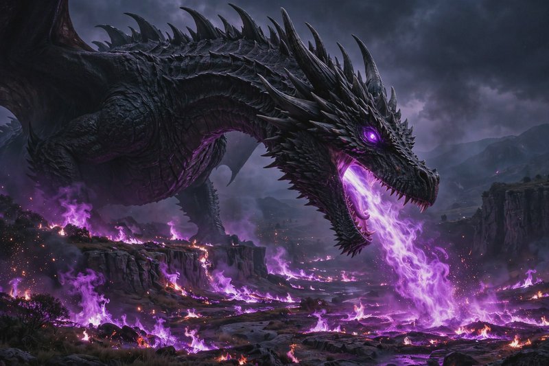 Armored black fantasy dragon breathing glowing purple fire over a burning rocky wasteland