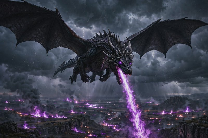 Massive spiked black dragon breathes purple fire over a stormy apocalyptic battlefield