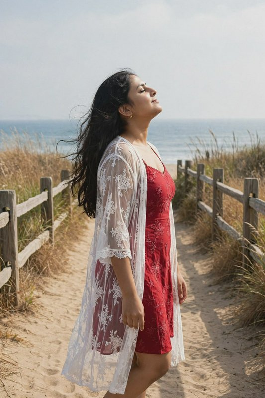 Woman in red dress and lace cover-up tilts her face upward enjoying ocean breeze on a beach path