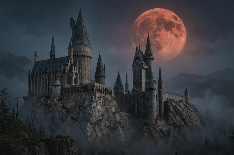Hogwarts castle perches on a jagged rocky cliff beneath a large glowing red full moon on a misty ...