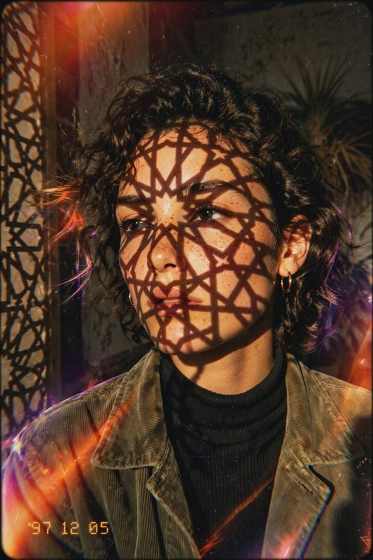 Close up portrait of a freckled curly-haired woman with geometric lattice shadow cast across her ...