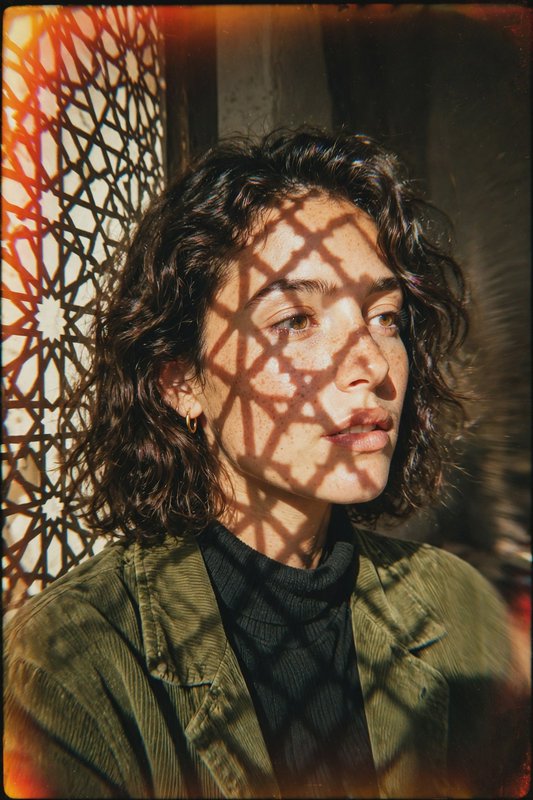 Young freckled woman with curly hair has geometric lattice shadow cast across her face in warm su...