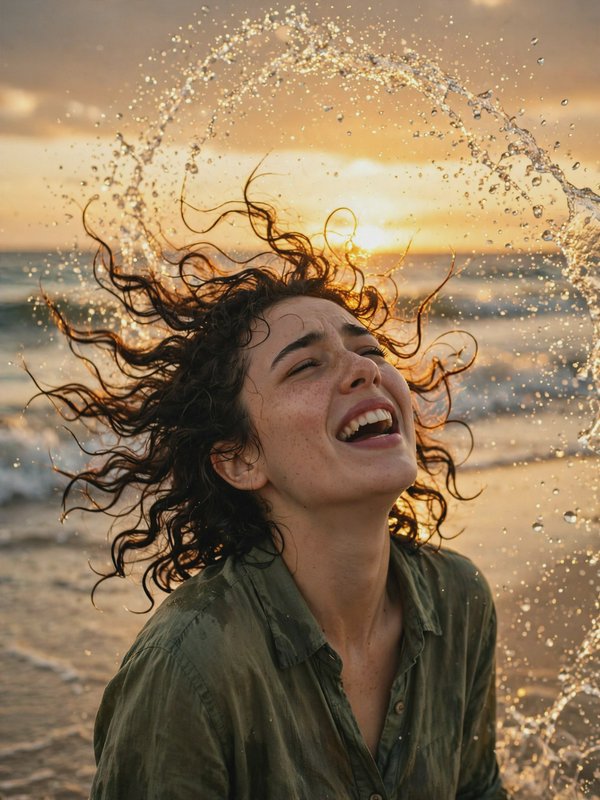 Laughing young woman flings wet curly hair back, sending glinting water spray arching above her a...
