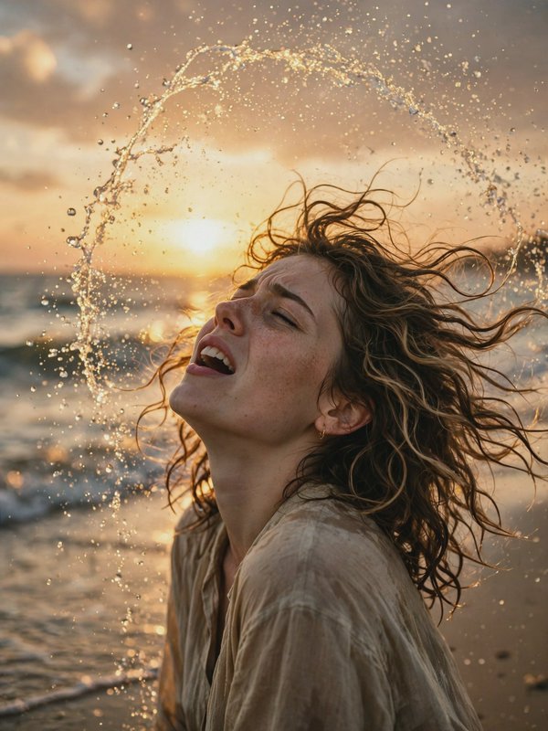 Joyful young woman flings water from her curly hair while standing on a beach at golden sunset