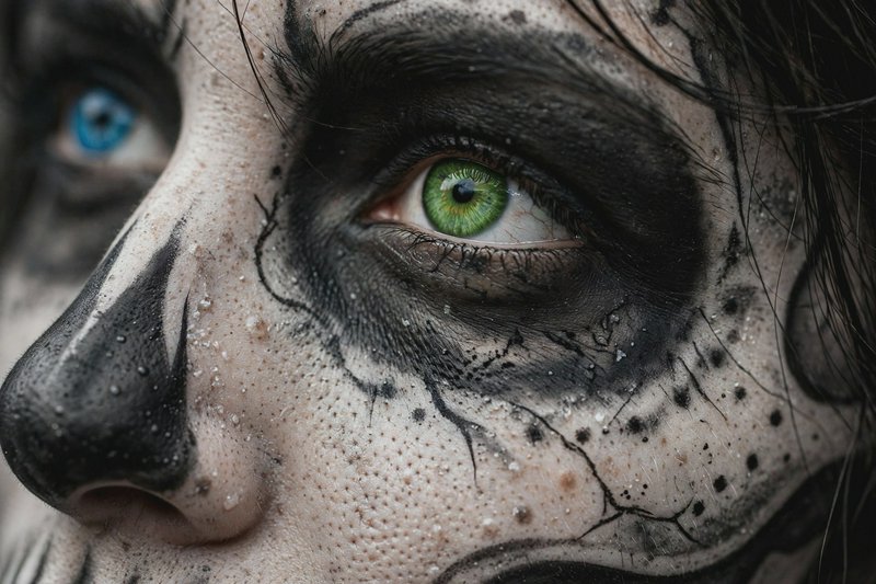 Extreme close up of a face with skull face paint, focused bright green eye and blurred heterochro...