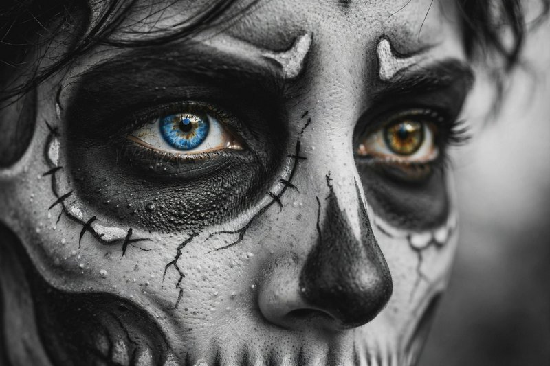Extreme close up of skeleton face paint on a person with striking mismatched blue and amber eyes