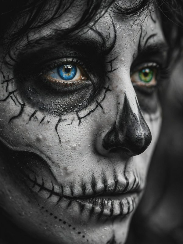 Close-up portrait of a person in cracked skull face paint with striking heterochromatic blue and ...