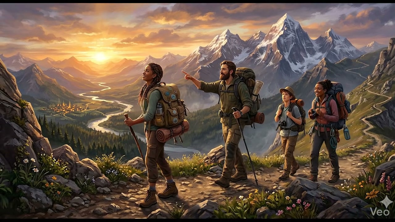 Group of four hikers with backpacks trekking along a rocky mountain trail at sunset