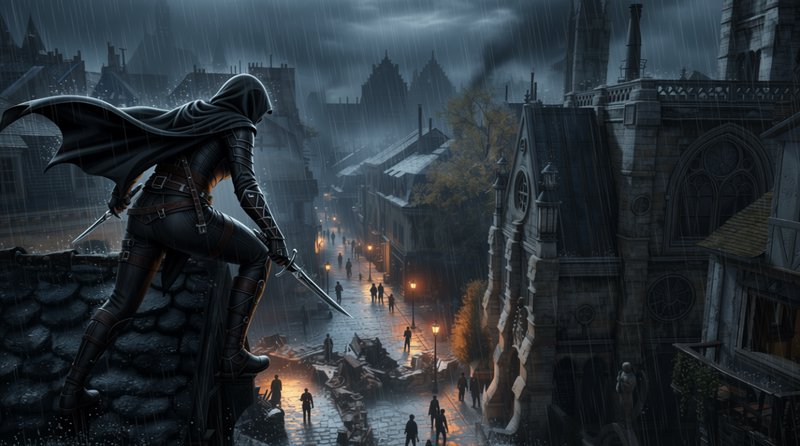 Hooded assassin holding daggers perches on a wet gothic city rooftop overlooking a rainy street b...