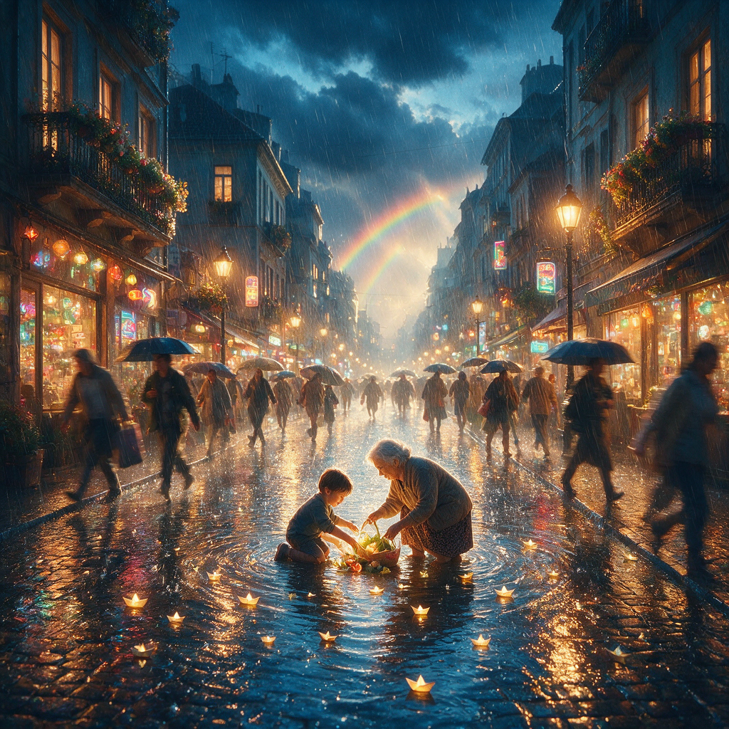 Grandmother and child float glowing paper lanterns on a rain-soaked historic European street under a twilight post-storm r...