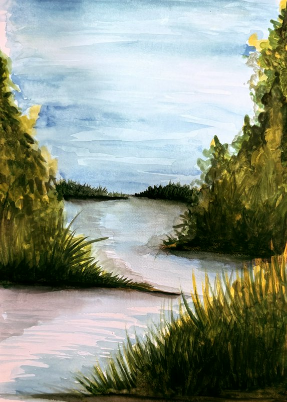 Soft watercolor landscape of a quiet winding river framed by lush green shore vegetation under a pale blue cloudy sky