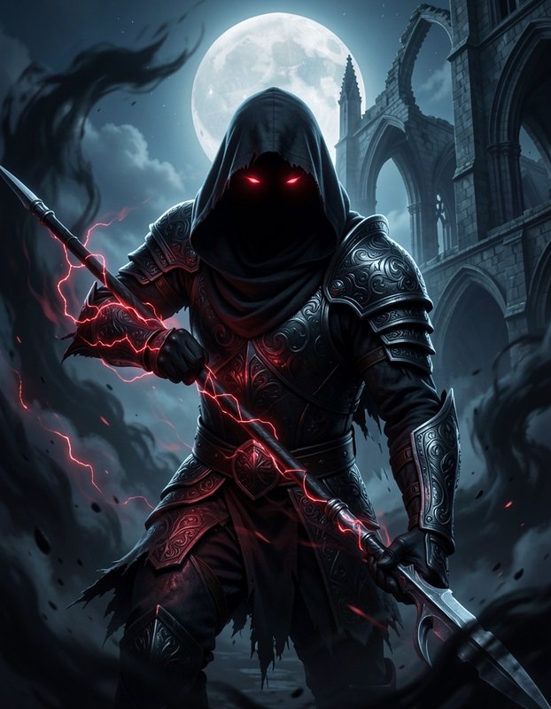 Hooded dark fantasy warrior with glowing red eyes holds a lightning spear beneath a full moon beside gothic ruins