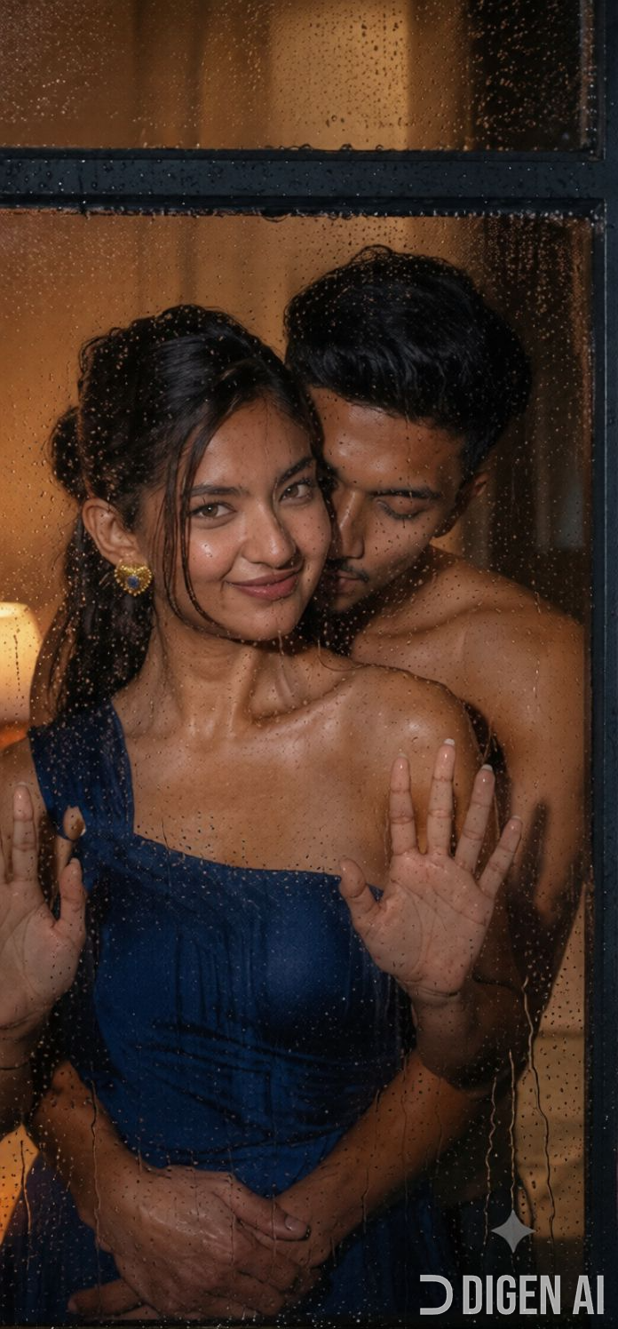 Romantic couple embracing behind rain-streaked window, smiling woman in blue dress looking out at viewer.