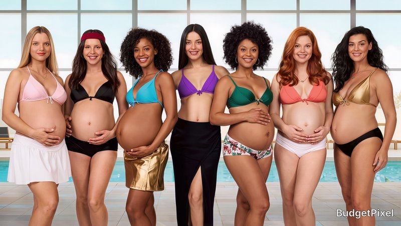 Diverse group of smiling pregnant women in colorful swimwear pose together beside an indoor swimm...