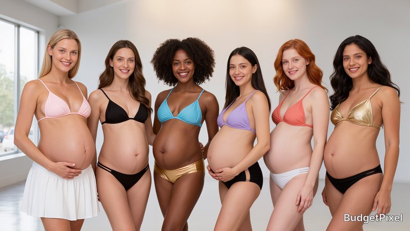 Six diverse smiling pregnant women in colorful swimwear stand together in a bright sunlit studio.