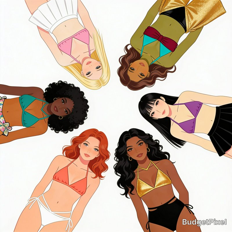Six diverse illustrated women in summer swimwear arranged in a circle, looking toward the viewer ...
