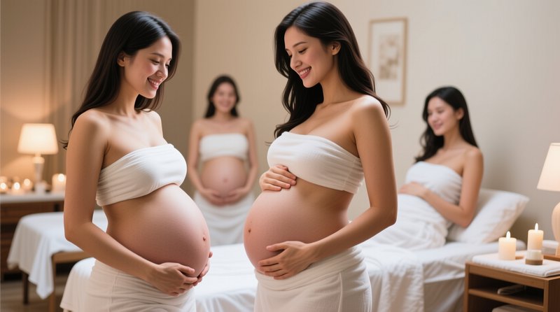 Group of smiling pregnant women wrapped in white linens in a calm warm prenatal spa room.