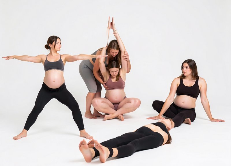 Group of pregnant participants and a yoga instructor practicing prenatal poses in a plain white s...