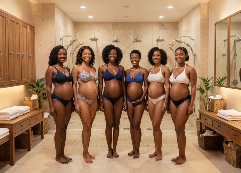 Six smiling pregnant Black women in swimwear stand side-by-side in a bright modern spa locker room