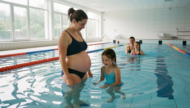 Smiling pregnant woman wades in an indoor swimming pool alongside a happy young girl during famil...