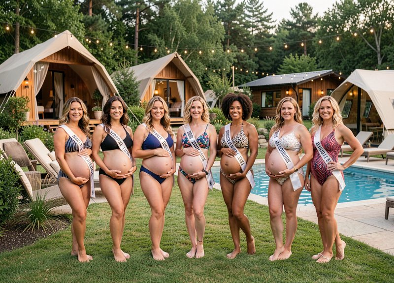 Diverse group of smiling pregnant women in swimwear with sashes posing on grass beside a pool at ...