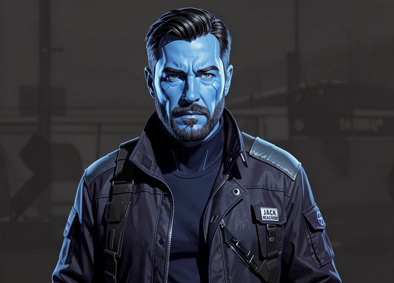 Stern futuristic tactical operative with blue skin and facial markings stands against a dark indu...