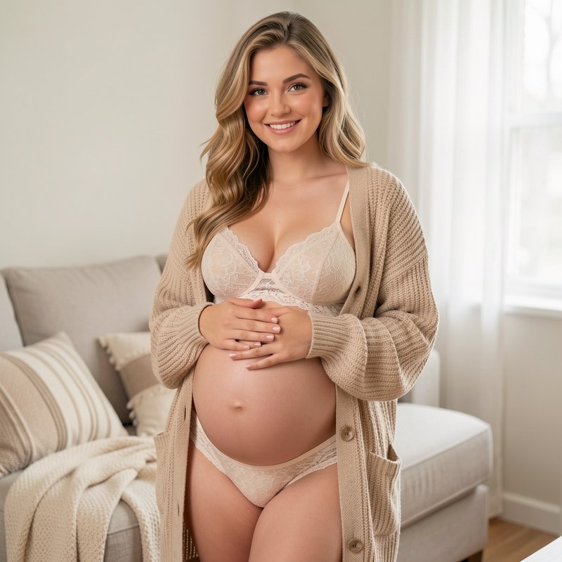 Smiling pregnant woman holds her belly while standing in a bright cozy neutral living room