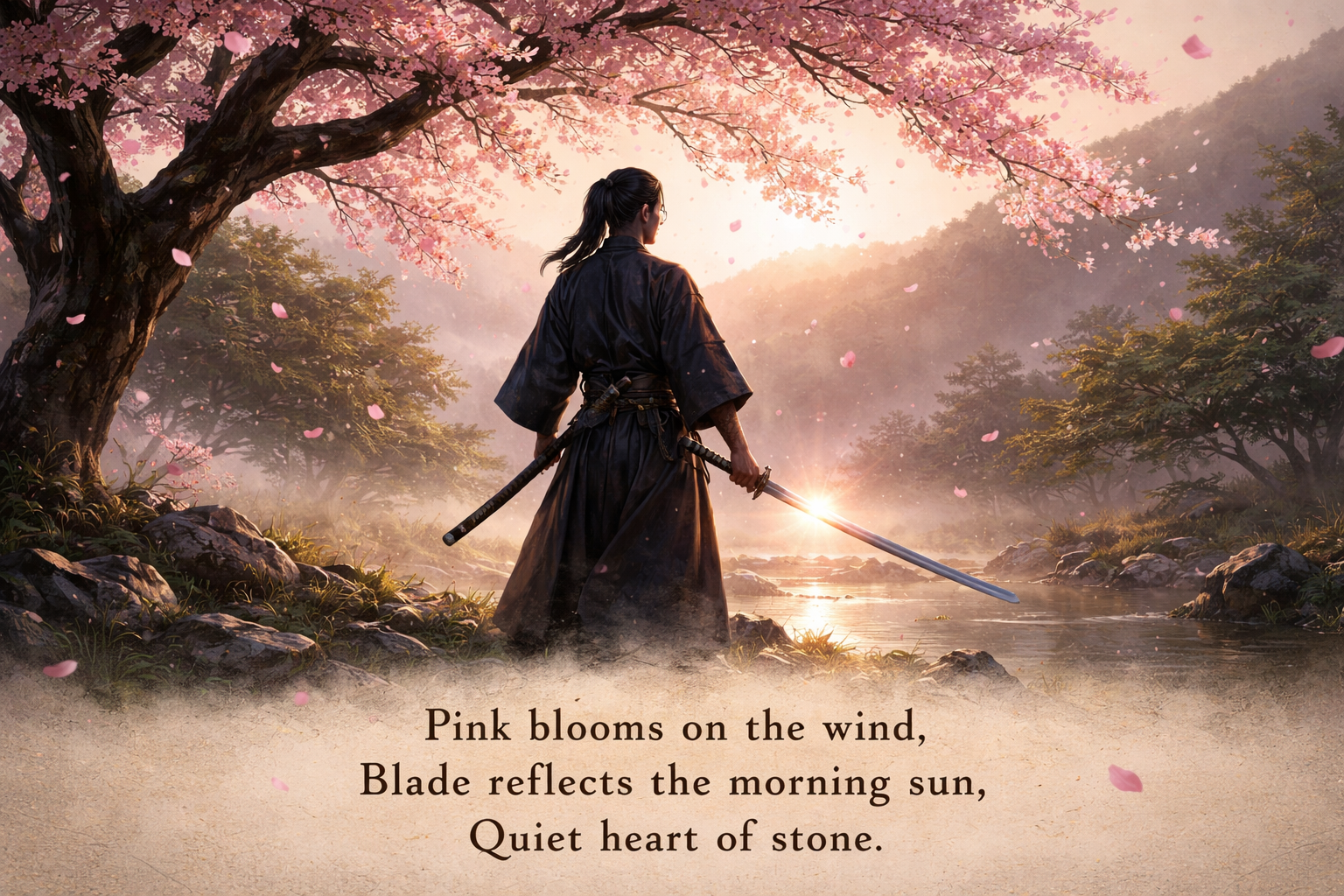 A serene spring landscape features a katana laid o | TheBard on BudgetPixel