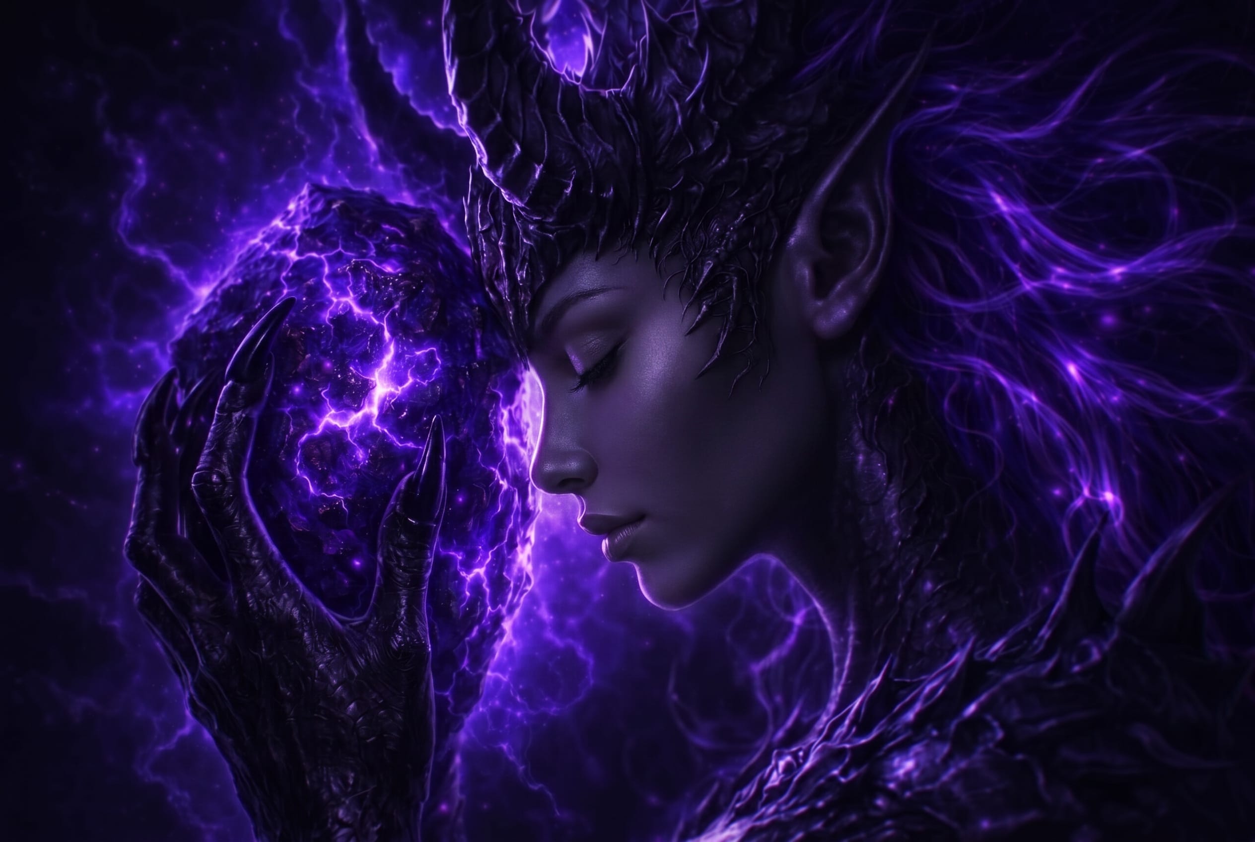Fantasy dark-skinned figure with a neon purple energy aura and crown-like headpiece, touching a glowing orb.