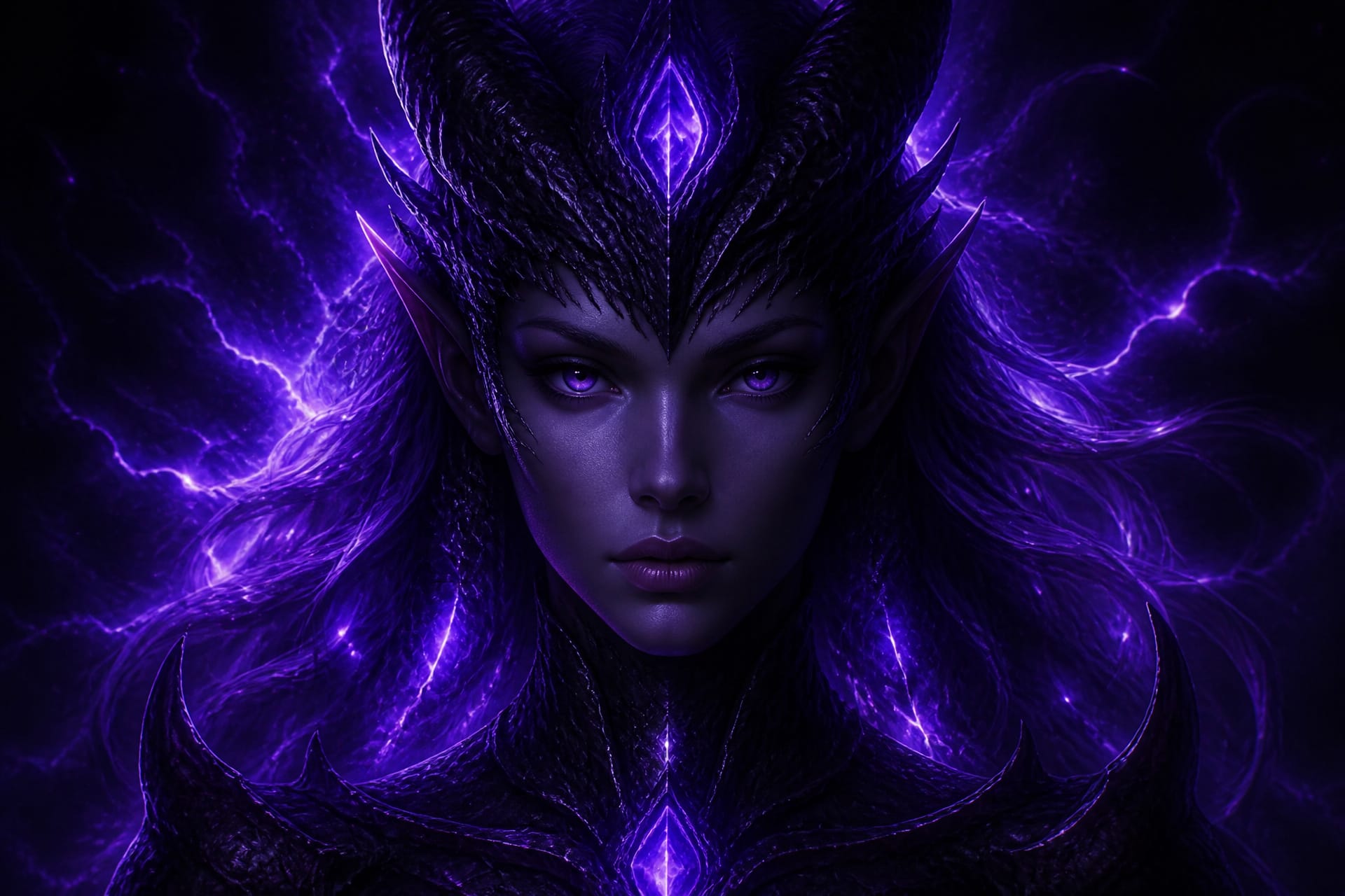 Dark fantasy sorceress with purple glowing aura and crystalline crown.