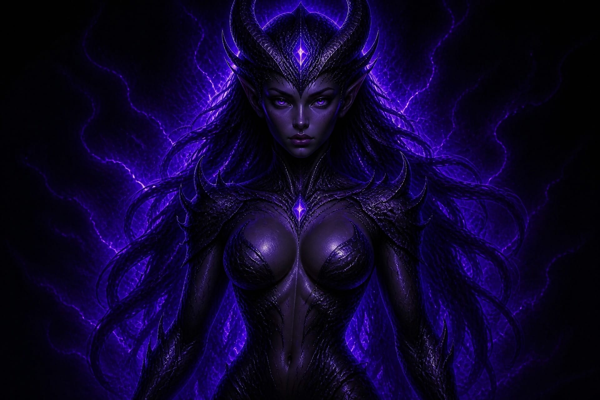 Dark fantasy sorceress with glowing purple aura, horned armor and intense gaze.