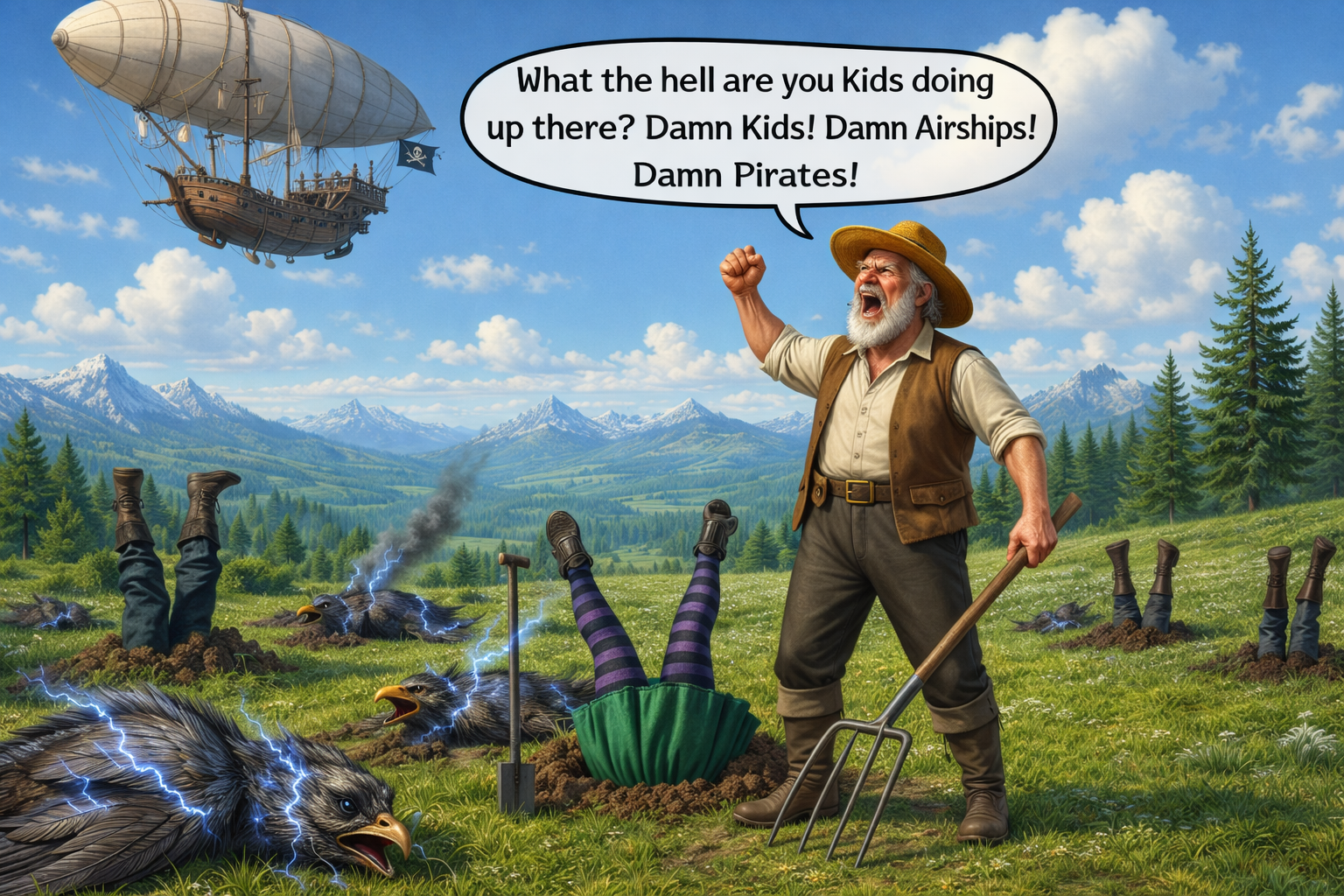 A rugged farmer with a pitchfork shouts at toppled figures in a meadow while a steampunk airship looms above.