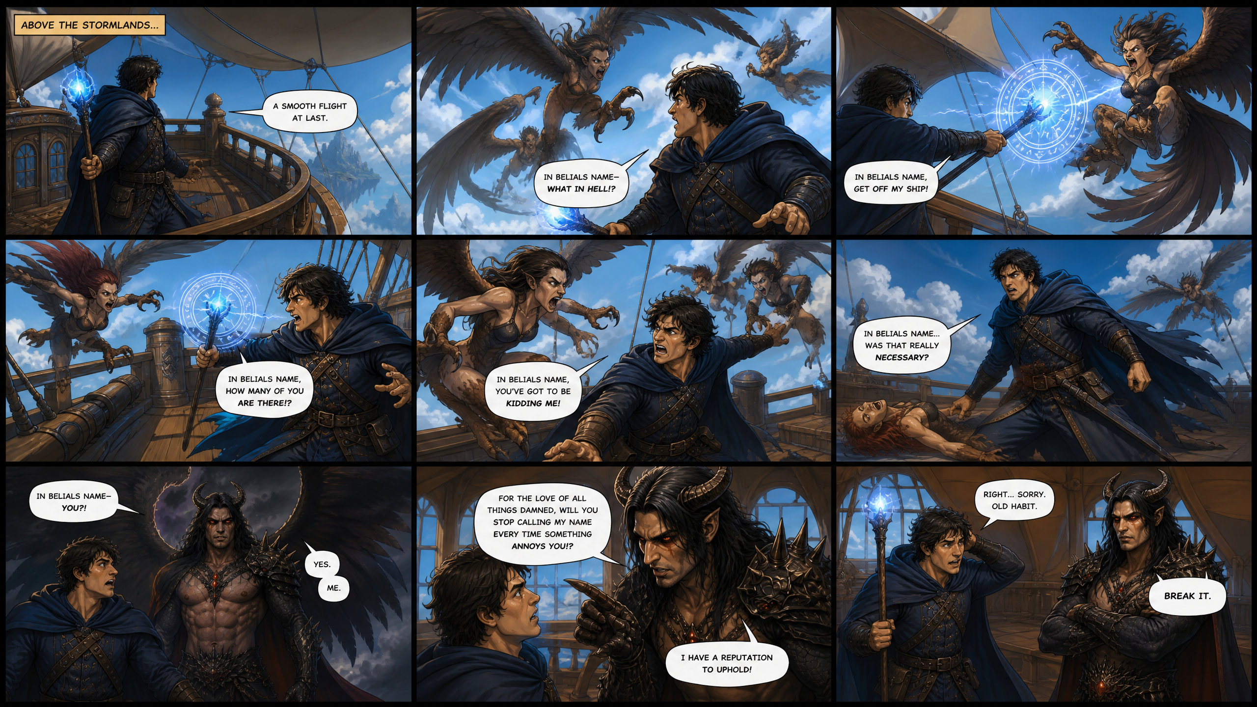 Comic-style scene on a ship deck with a man in a blue cloak facing winged demons and a glowing magical circle.