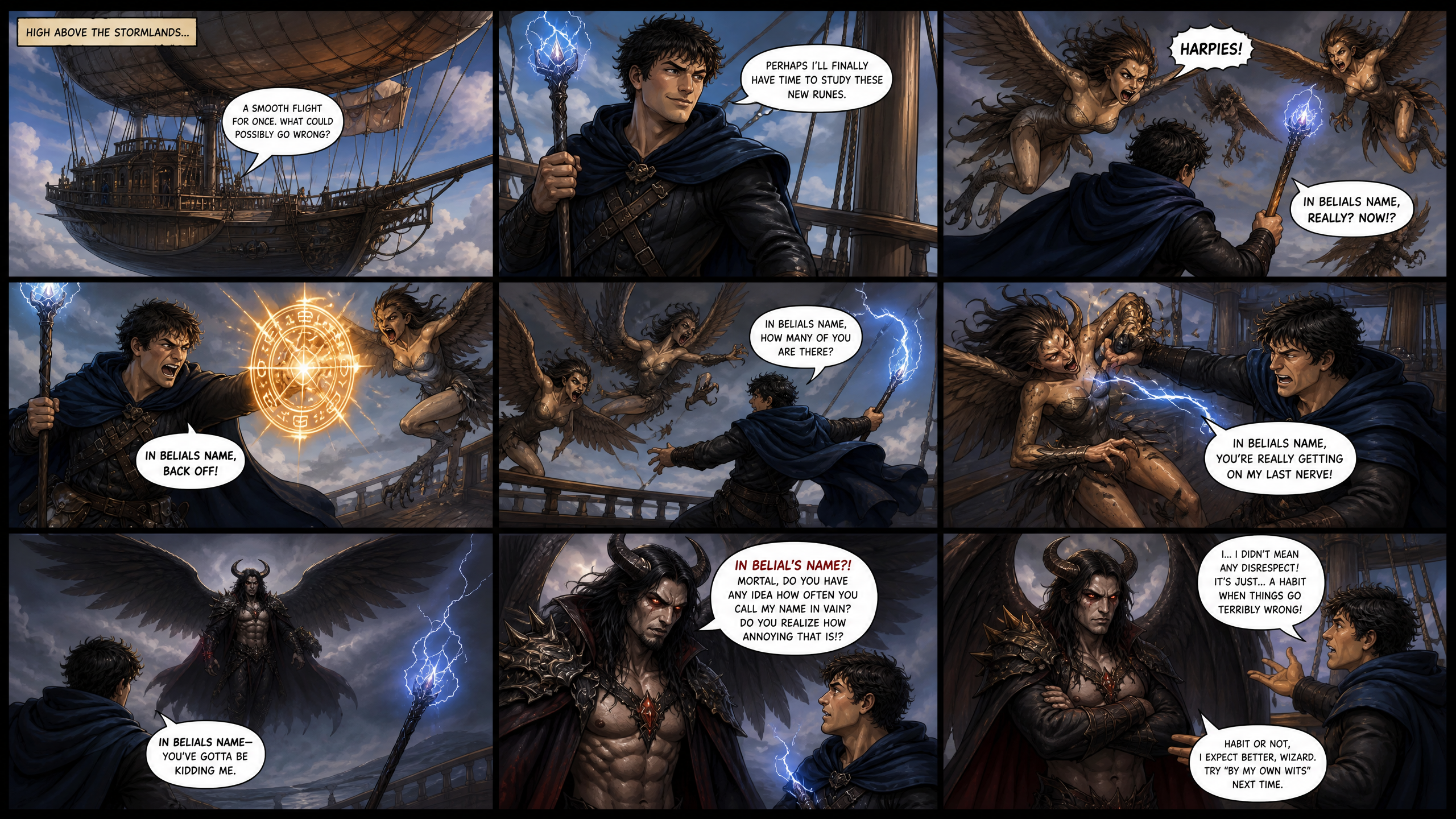 Comic panel of a dark-feathered figure using glowing runes to defend against winged attackers in a stormy setting.
