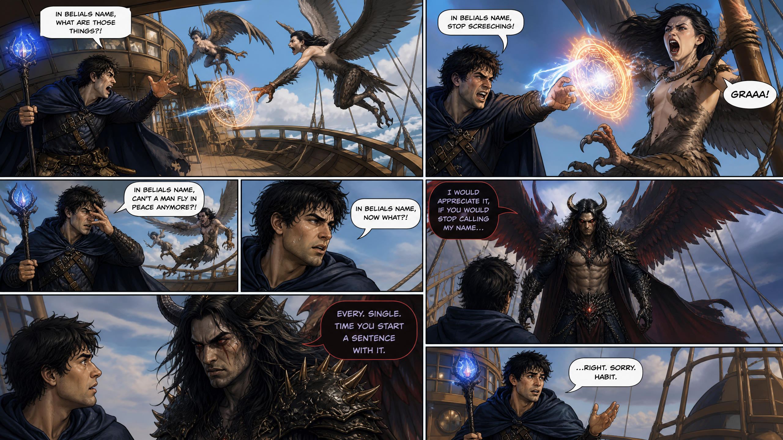 Comic panels of a sorcerer battling a winged demon on a ship with a glowing blue orb.
