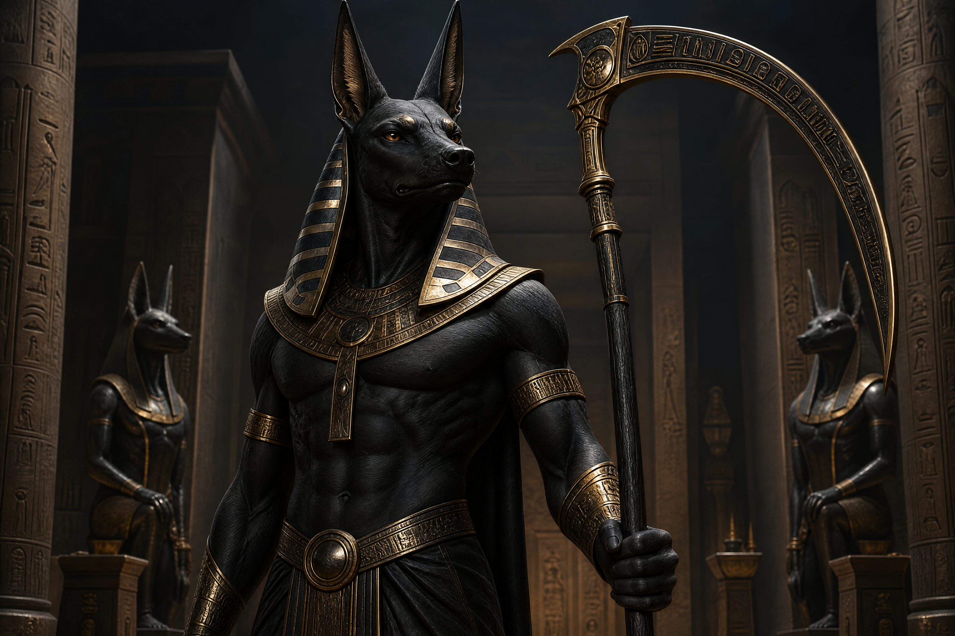 Anubis-inspired jackal-headed warrior in gold armor inside an ancient Egyptian temple, holding a curved staff.