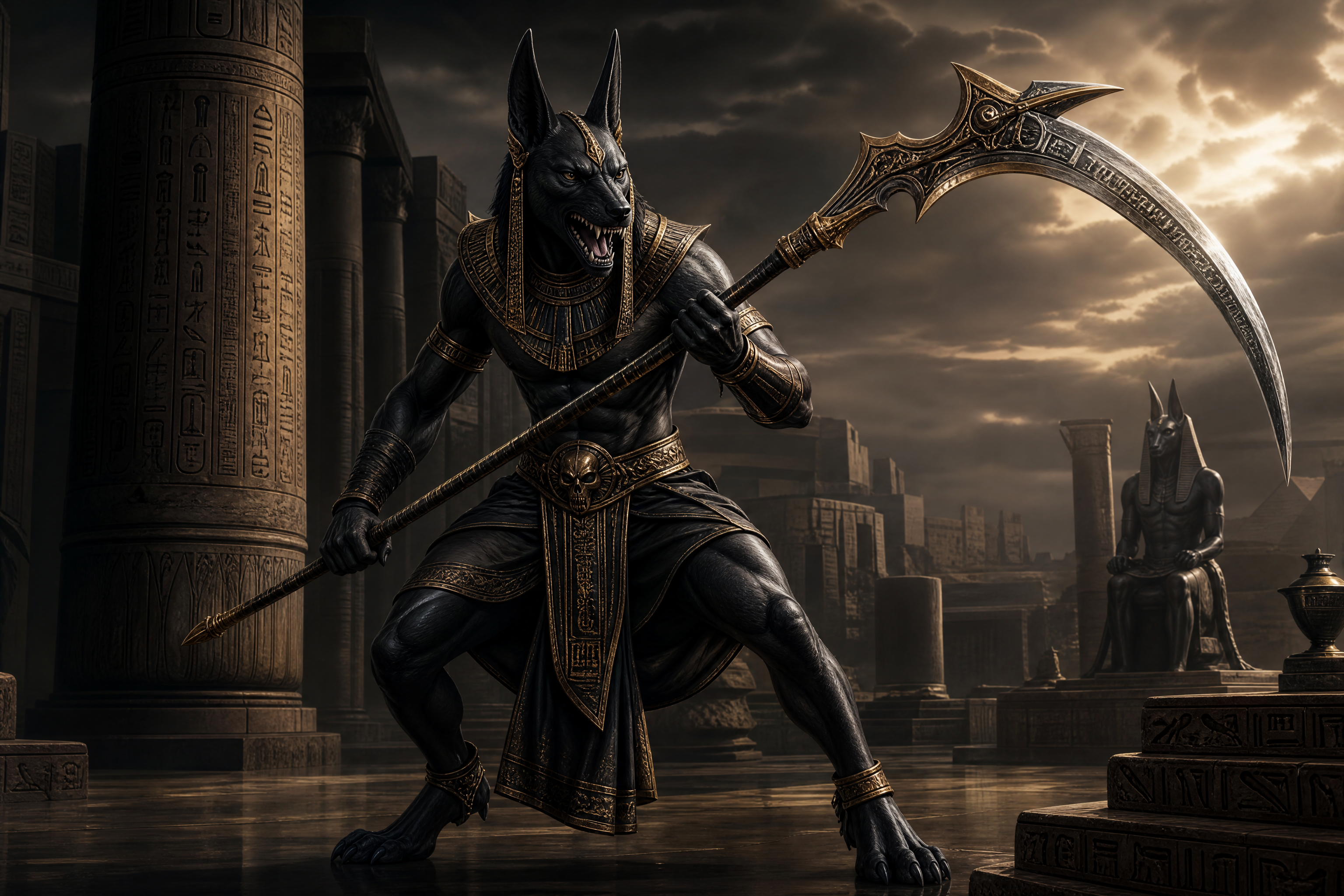 Anubis-like jackal deity in ancient Egyptian ruins wielding a large curved scythe.