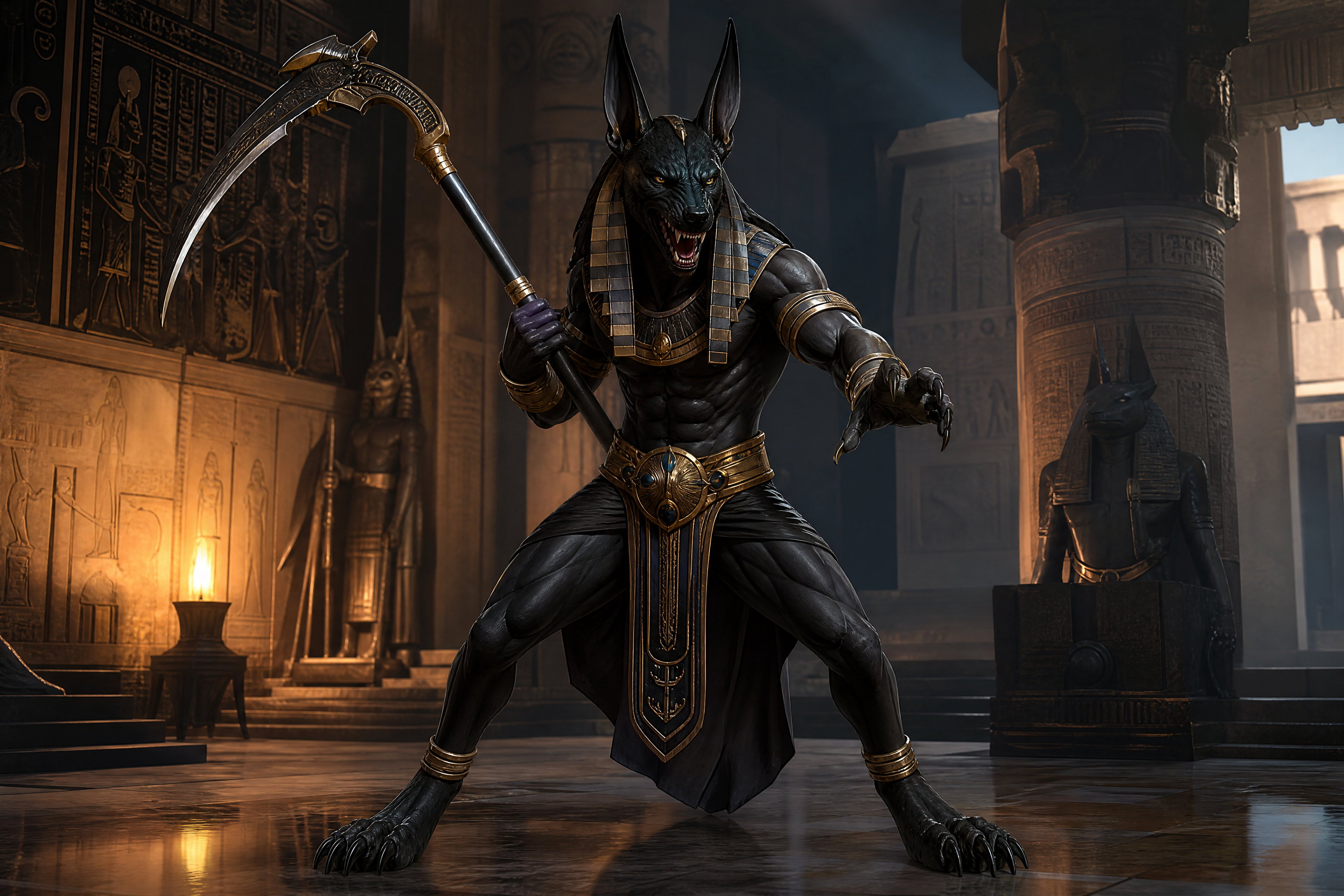 An imposing Anubis-like jackal warrior in ancient Egyptian temple armor, wielding a curved scythe.