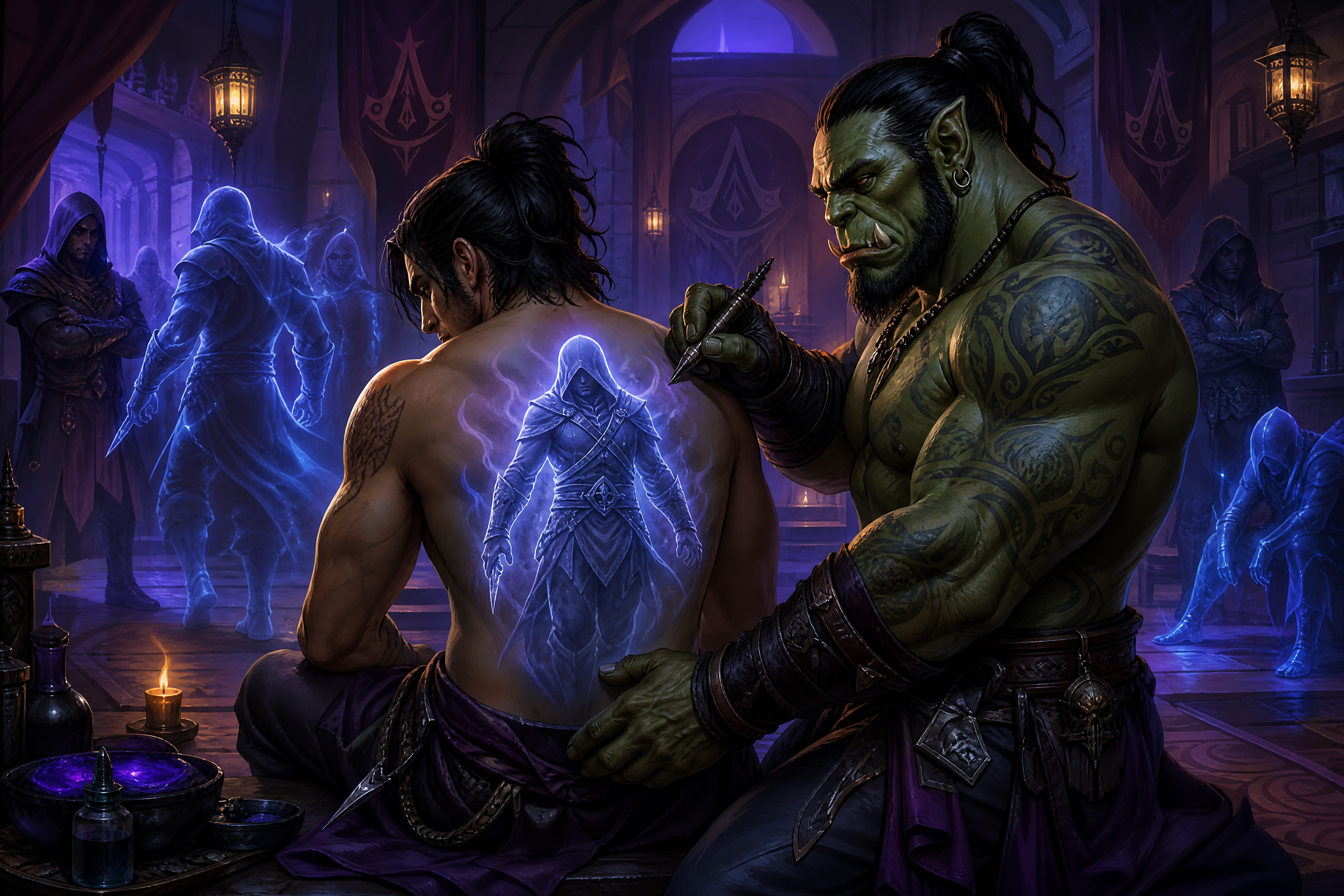 Orc warrior tattoos a glowing figure on the back of a seated man in a blue-lit fantasy hall.