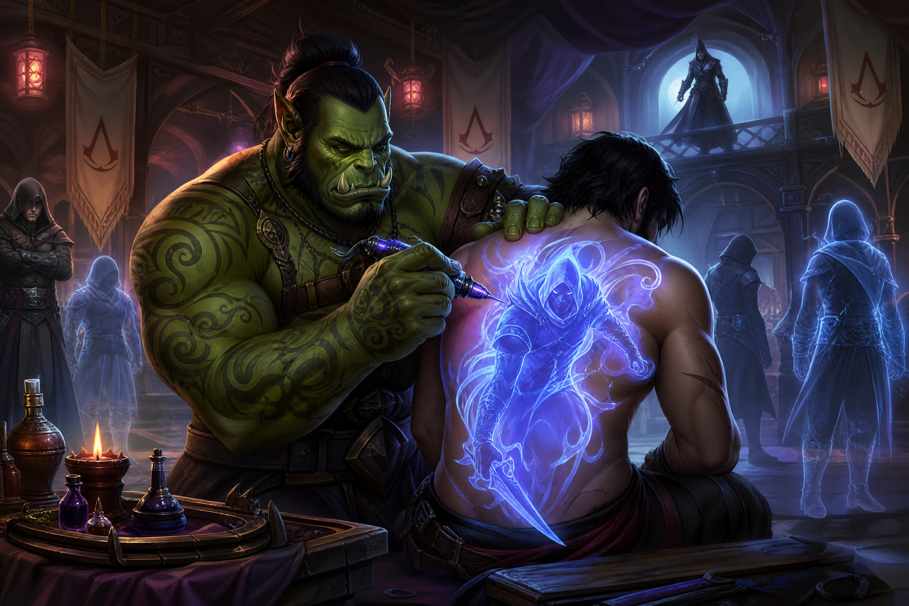 Orc tattoo artist inks a glowing blue rune on a man's back in a moody tavern fantasy scene.