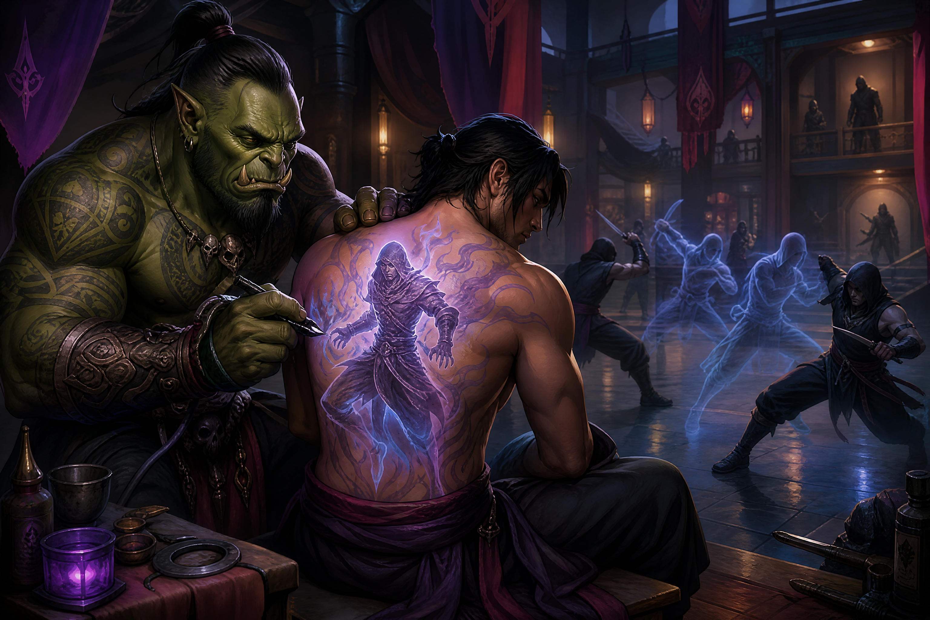 Green orc sits behind a shirtless warrior in a dark fantasy tavern, a glowing blue back tattoo of a hooded figure illumina...