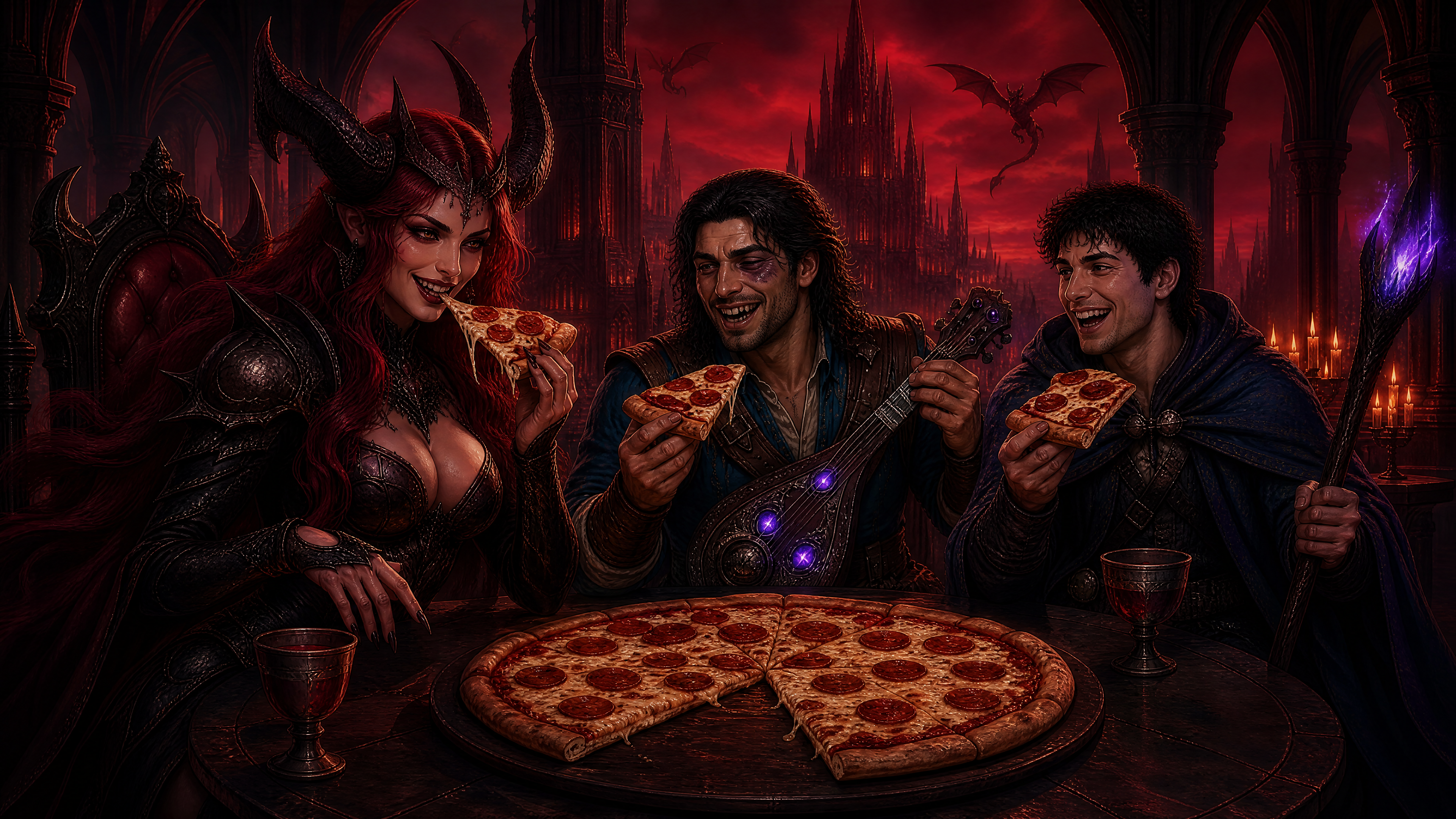 [Three fantasy RPG characters: horned demon queen, bard, and wizard share pepperoni pizza in a gothic hellish castle under...