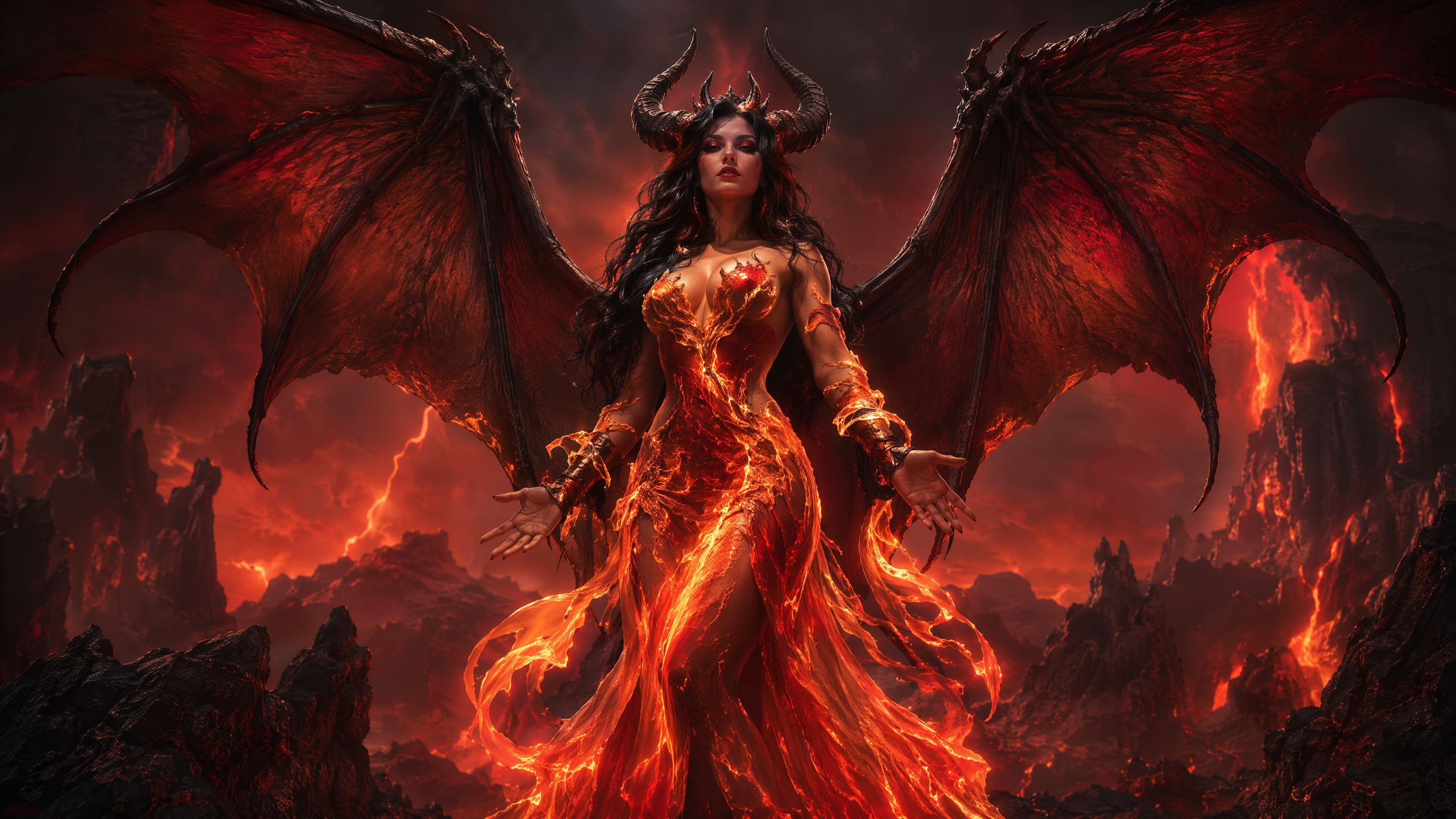 Horned demon queen with bat wings and glowing molten lava gown stands in a fiery hellscape.
