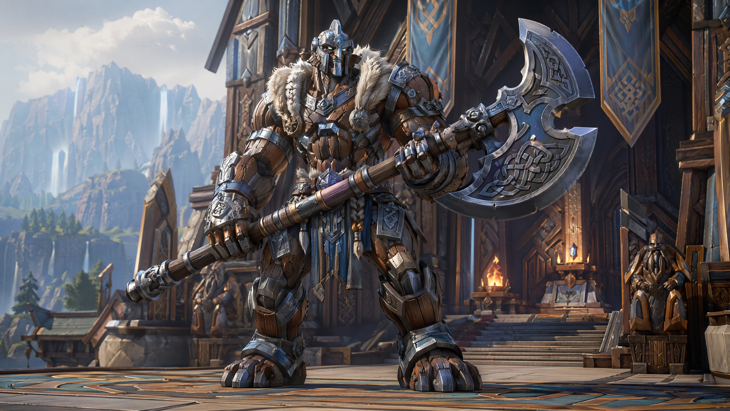 Armored viking golem warrior holding a rune-carved giant axe stands guard outside a nordic great hall with mountain waterf...