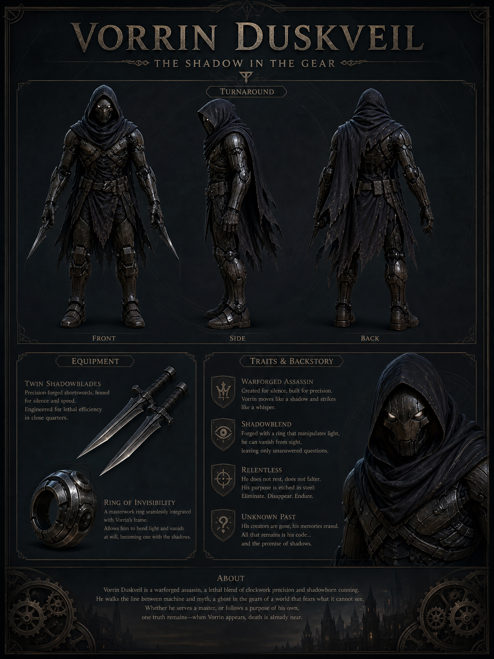 [Fantasy character turnaround sheet for Vorrin Duskveil, a hooded dark armored warforged assassin with shadow blades and i...