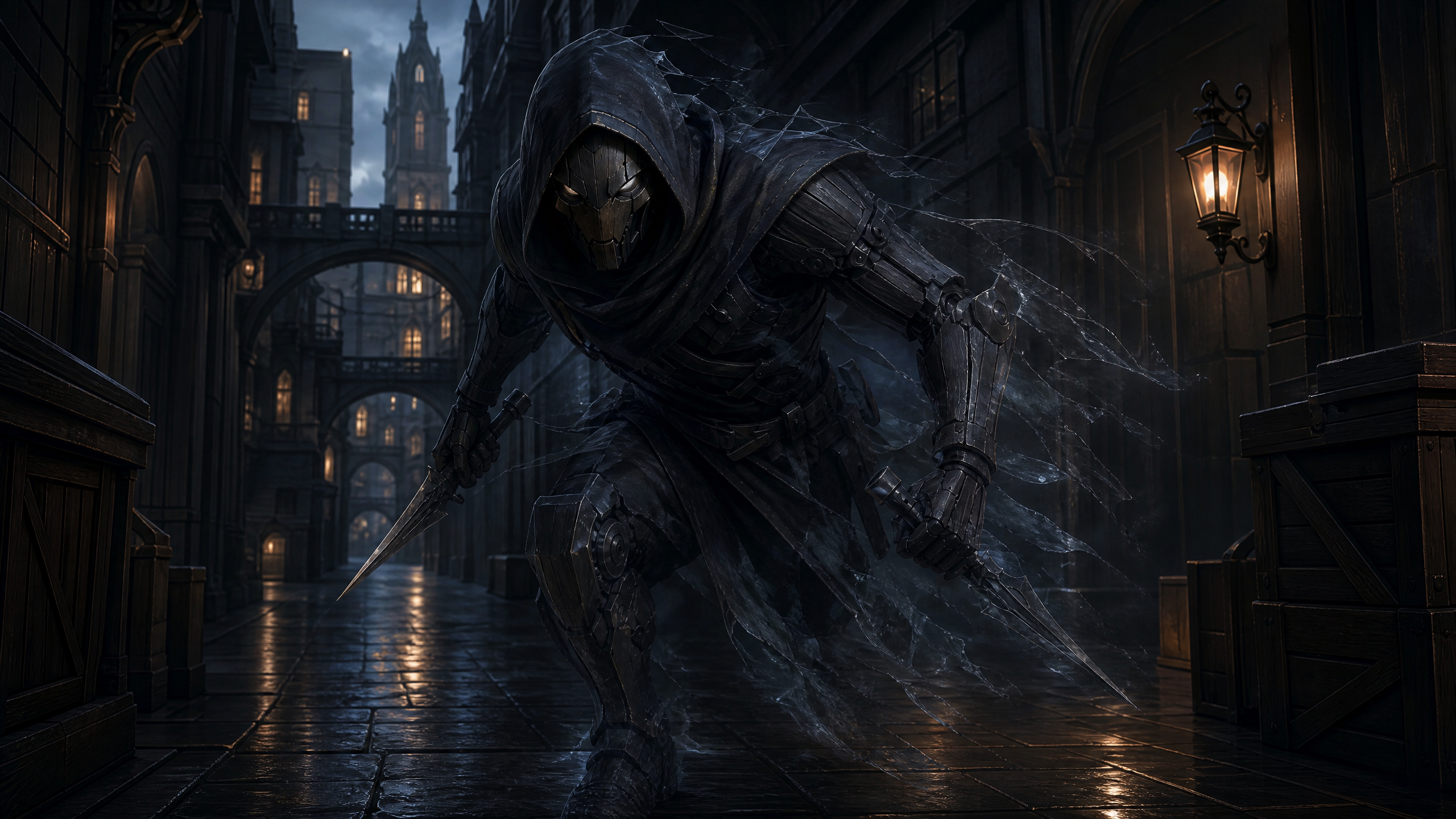 Hooded mechanical fantasy assassin with dual daggers stands crouched in a dark rain-slicked gothic city alley