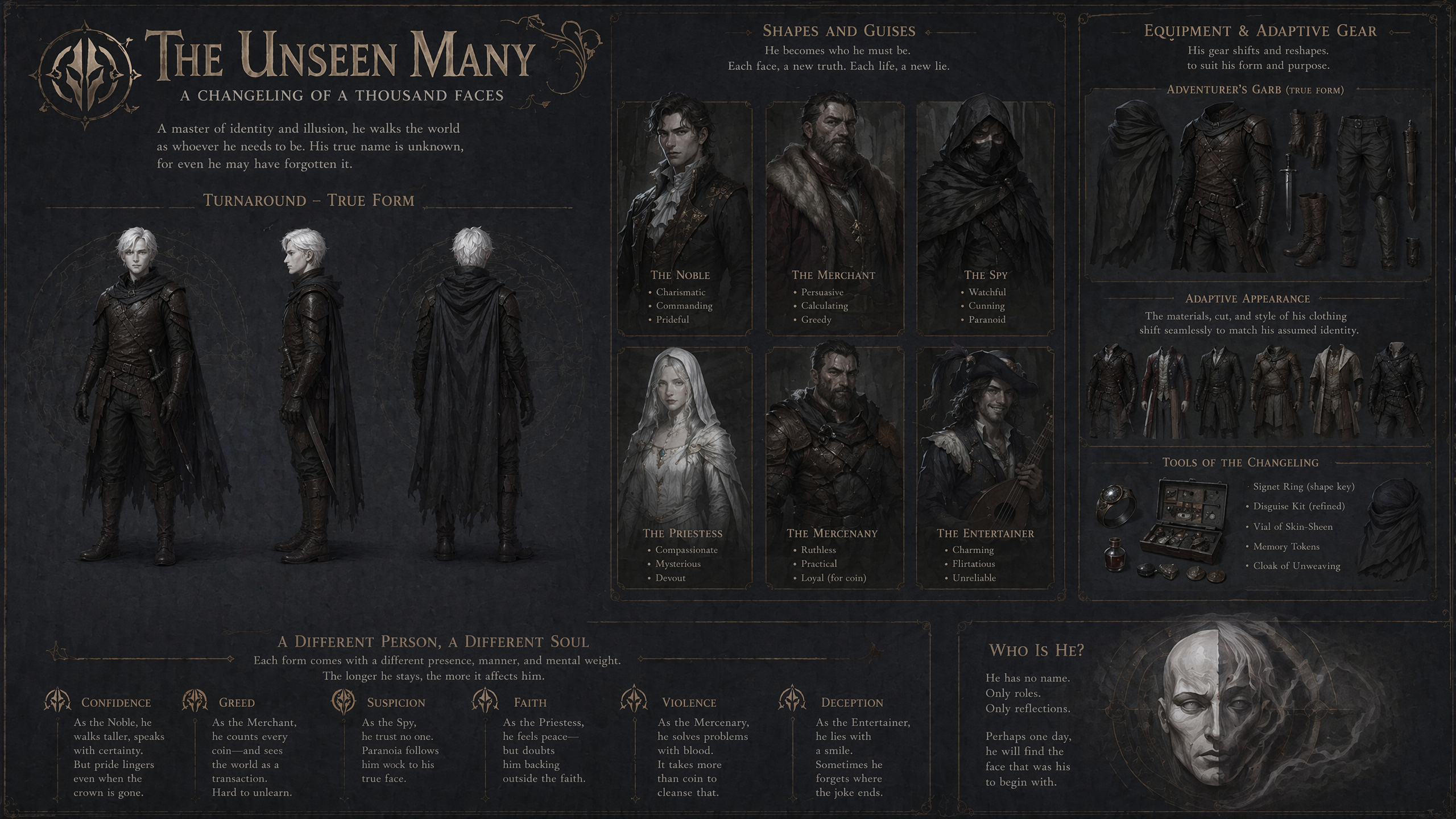 [Dark fantasy character reference sheet for The Unseen Many, a shapeshifting changeling with form turnarounds, disguise ar...