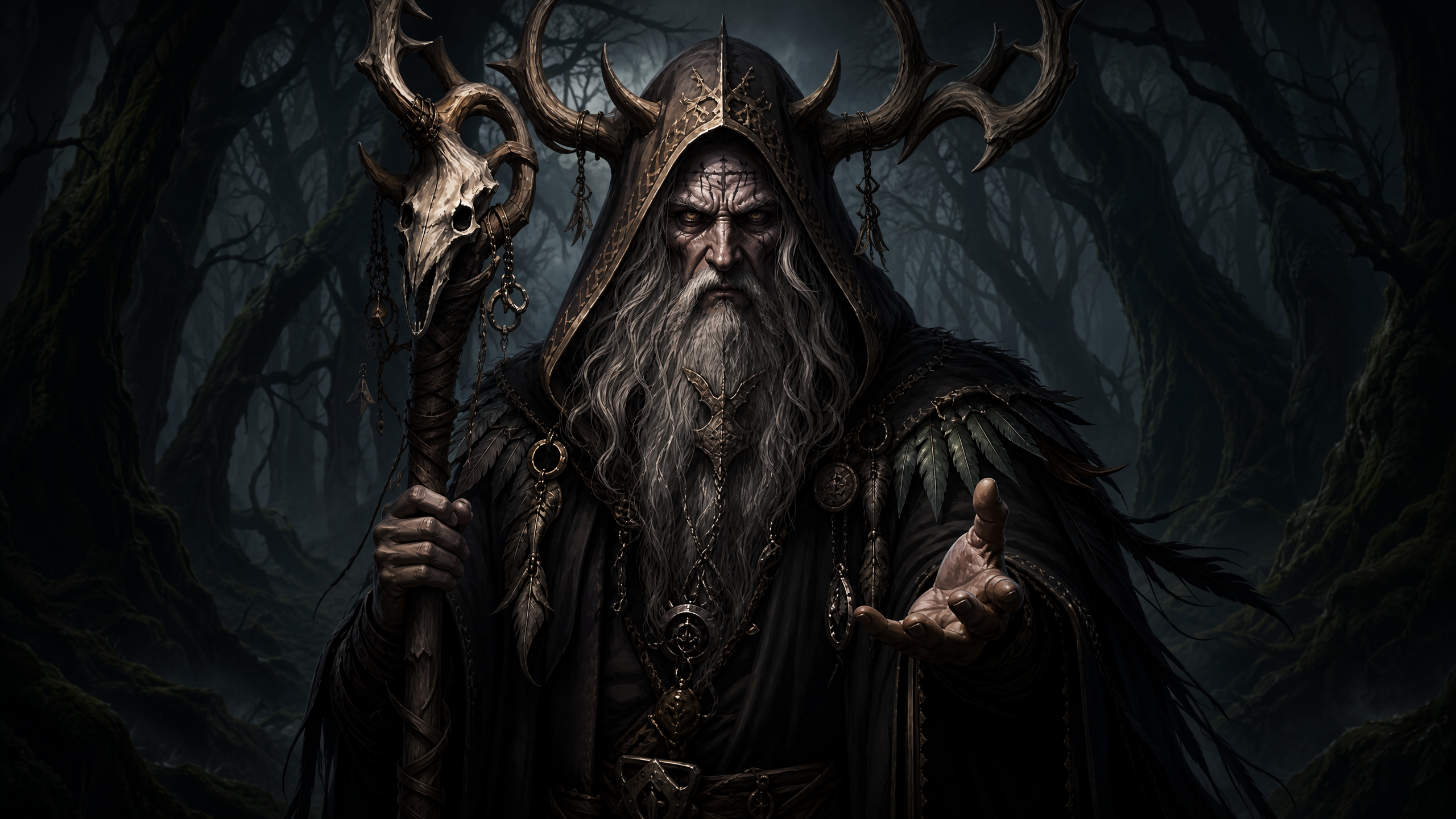Ancient horned forest druid with a skull staff holds out his hand in a spooky misty dark fantasy woodland